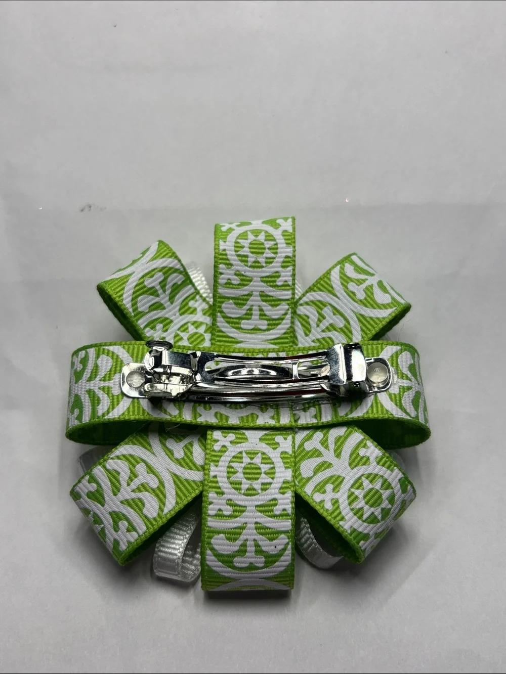Green and White Floral Ribbon Hair Bow with Jewel Center